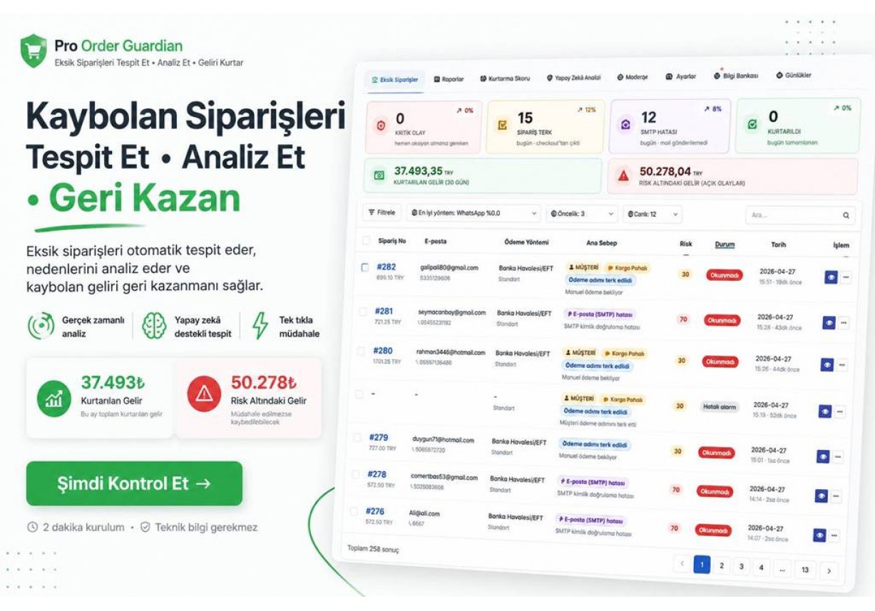 Pro Order Guardian – OpenCart Eksik Sipariş Analiz ve Kurtarma Modülü